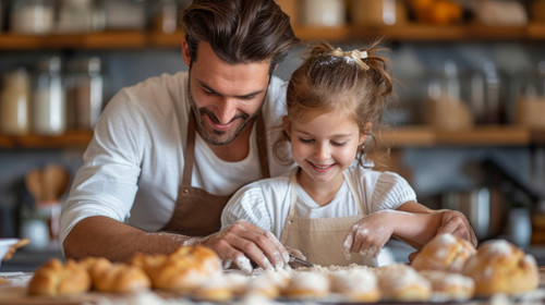 illustration on white background of a Bake someone happy Shot of a father teaching his daughter how .jpg
