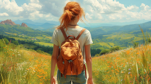 illustration on white background of a Back side portrait of young redhead tourist traveller style wo.jpg