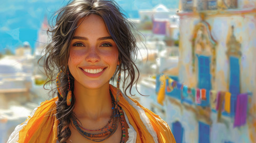 illustration on white background of a Beautiful smiling young Romani woman ar 169 00162 00.jpg