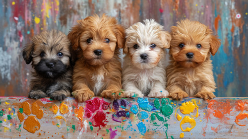 whimsical illistration of Puppies having a painting party with colorful paw printsperfect book illus.jpg