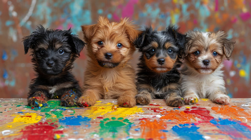 whimsical illistration of Puppies having a painting party with colorful paw printsperfect book illus.jpg