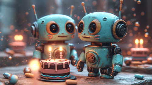 whimsical illistration of Robots having a futuristic birthday party with laser cakesperfect book ill.jpg