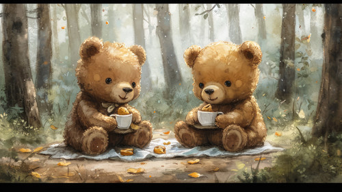 whimsical illistration of Teddy bears having a teddy bear picnic in a sunny gladeperfect book illust.jpg