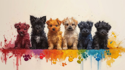 whimsical illistration of Puppies having a painting party with colorful paw printsperfect book illus.jpg