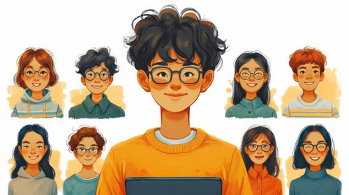 illustration on white background of a Asian boy using tablet for video call with smiling diverse hig.jpg