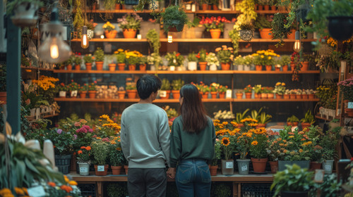 illustration on white background of a Asian couple gardener caring houseplant and flowers in greenho.jpg
