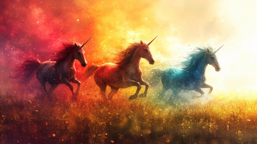 whimsical illistration of Unicorns having a race in a field of rainbowcolored grassperfect book illu.jpg
