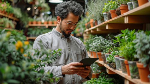 illustration on white background of a Asian man gardener caring plants in the garden Male plant shop.jpg