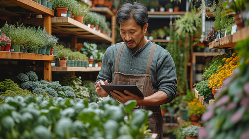 illustration on white background of a Asian man gardener caring plants in the garden Male plant shop.jpg