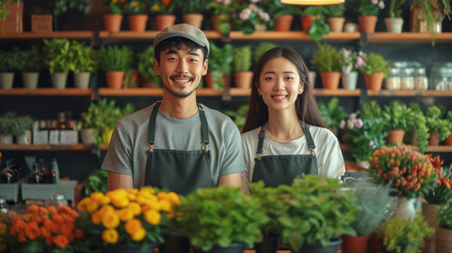 illustration on white background of a Asian couple gardener caring houseplant and flowers in greenho.jpg