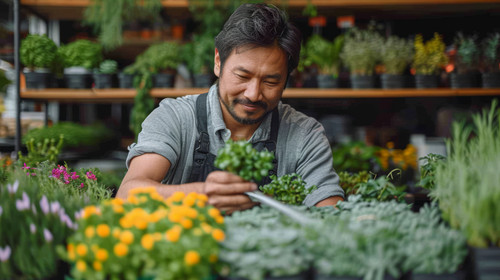 illustration on white background of a Asian man gardener caring houseplant and flowers in greenhouse.jpg
