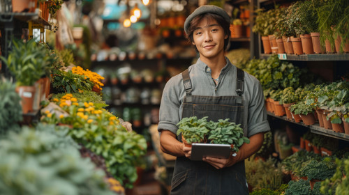 illustration on white background of a Asian man gardener caring plants in the garden Male plant shop.jpg