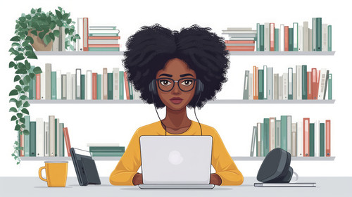 illustration on white background of a Attractive young African student studying at the college libra.jpg