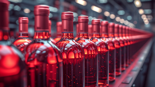 illustration on white background of a Automatic assembly line in factory full red wine bottles are b.jpg