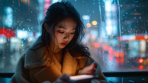illustration on white background of a Asian woman use mobile phone over blur city night view ar 169 .jpg