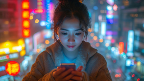 illustration on white background of a Asian woman use mobile phone over blur city night view ar 169 .jpg