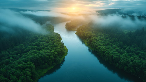 illustration on white background of a Aerial view of the Sauk river during sunrise in Washington Sta.jpg