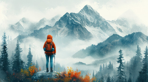 illustration on white background of a A female tourist in the mountains tries to photograph nature i.jpg