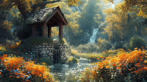 whimsical illistration of A magical wishing well in a peaceful woodlandperfect book illustration on .jpg