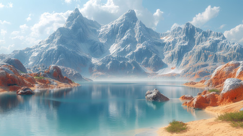 illustration on white background of a Alien Planet Mountain and lake 3D rendering ar 169 00118 03.jpg