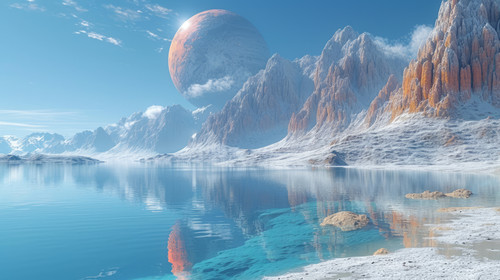 illustration on white background of a Alien Planet Mountain and lake 3D rendering ar 169 00118 00.jpg