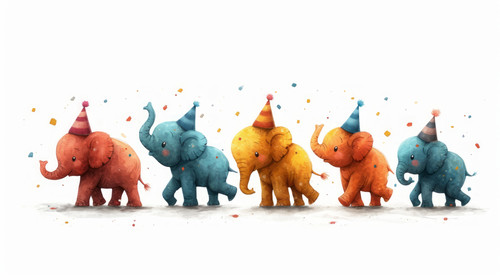 whimsical illistration of A parade of baby elephants wearing party hatsperfect book illustration on .jpg