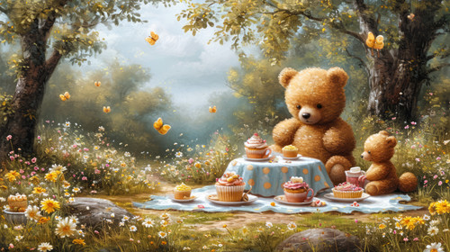 whimsical illistration of A picnic with teddy bears and cupcakes on a sunny dayperfect book illustra.jpg