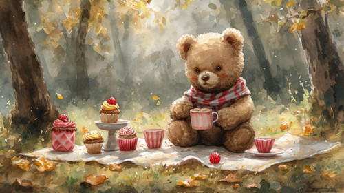whimsical illistration of A picnic with teddy bears and cupcakes on a sunny dayperfect book illustra.jpg