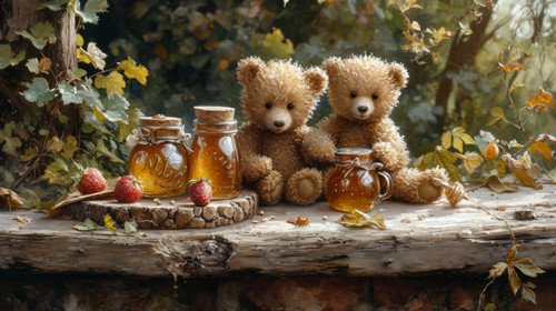 whimsical illistration of A picnic with teddy bears and delicious honey jarsperfect book illustratio.jpg