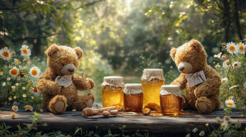 whimsical illistration of A picnic with teddy bears and delicious honey jarsperfect book illustratio.jpg