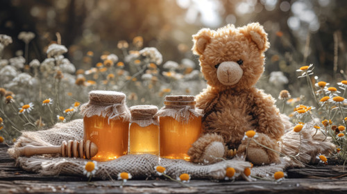 whimsical illistration of A picnic with teddy bears and delicious honey jarsperfect book illustratio.jpg