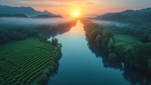 illustration on white background of a Aerial view of the Sauk river during sunrise in Washington Sta.jpg