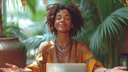 illustration on white background of a African american woman closing laptop stretching arms at coffe.jpg