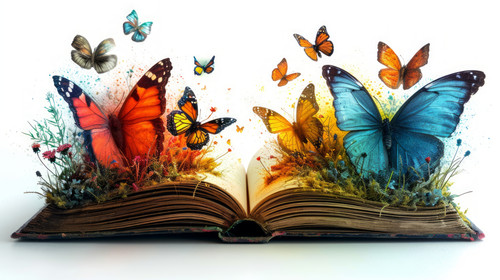 whimsical illistration of A magical kingdom where laughter turns into colorful butterfliesperfect bo.jpg