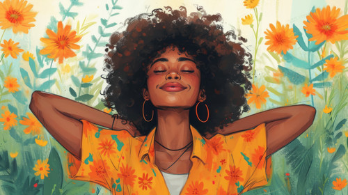 illustration on white background of a African american woman closing laptop stretching arms at coffe.jpg