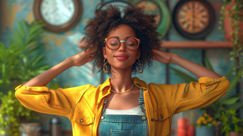 illustration on white background of a African american woman closing laptop stretching arms at coffe.jpg