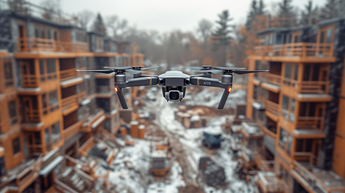 illustration on white background of a An airborne drone surveys a vacant construction site in Toront.jpg