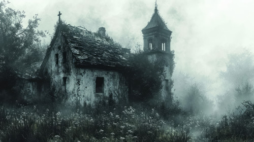 illustration on white background of a An old building in an overgrown bush forest with a burnt roof .jpg