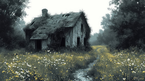 illustration on white background of a An old building in an overgrown bush forest with a burnt roof .jpg
