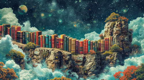 whimsical illistration of A space library where books float in zero gravityperfect book illustration.jpg