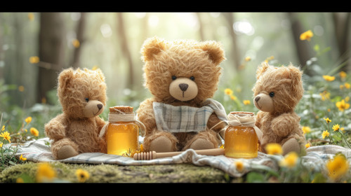 whimsical illistration of A picnic with teddy bears and delicious honey jarsperfect book illustratio.jpg