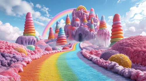 whimsical illistration of A rainbow bridge leading to a land of giant lollipopsperfect book illustra.jpg