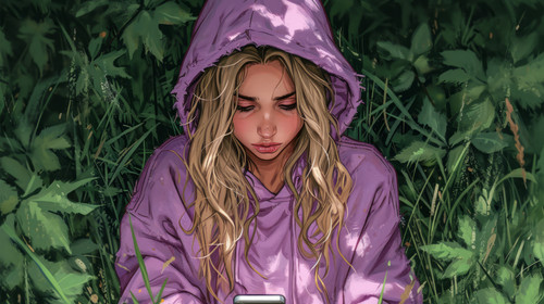 illustration on white background of a Angry teenager wearing a purple hoodie looking at a mobile pho.jpg