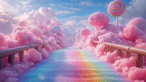 whimsical illistration of A rainbow bridge leading to a land of giant lollipopsperfect book illustra.jpg