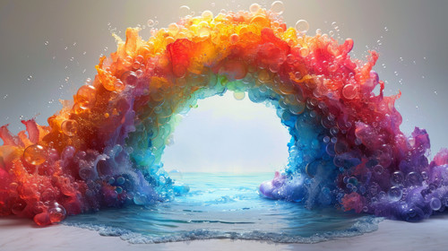 whimsical illistration of A rainbow bridge connecting a land of bubbles and laughterperfect book ill.jpg