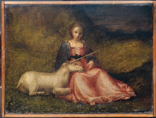 Unknown (Копия с Giorgione) Девушка с Единорогом, 1510, 28 cm х 39 cm, холст, масло