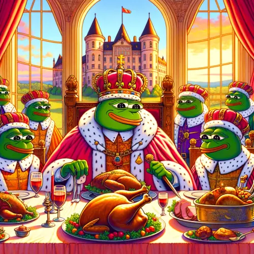 DALL·E 2024 06 02 09.50.44 A whimsical illustration of Pepe the Frog dressed as a king, sitting at a.webp