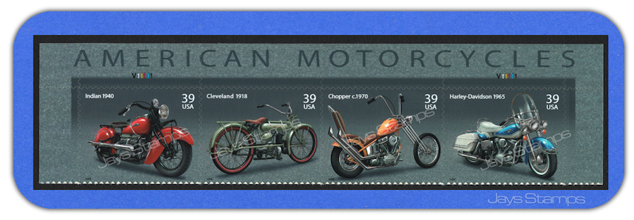 2006 AMERICAN MOTORCYCLES Harley Indian Header Strip of 4 Mint Stamps #4085-88