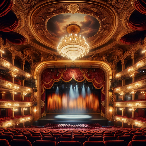 DALL·E 2024 01 30 20.44.45 A grand theater with a large stage and plush red velvet seats. The stage .png