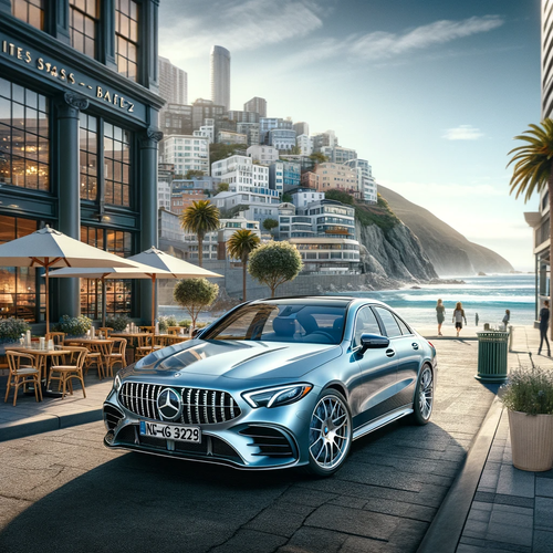 DALL·E 2024 01 17 14.17.50 First image A luxurious silver Mercedes Benz car parked in front of an up.png